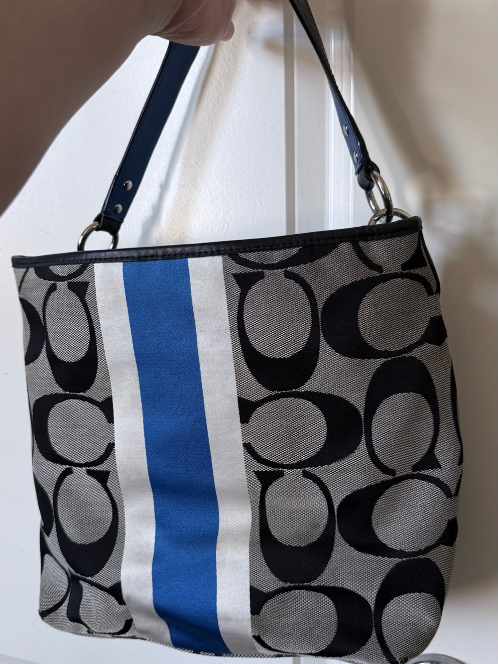 Coach Grey Monogram Shoulder Bag with Blue Stripe and Black Trim - Picture 10 of 12
